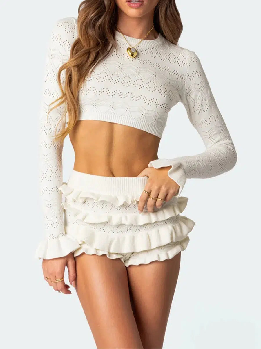 Trendy Knitted Crop Top & Ruffled Shorts Two-Piece Set for Y2K Style Fashion Lovers