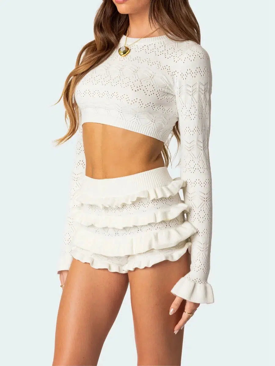 Trendy Knitted Crop Top & Ruffled Shorts Two-Piece Set for Y2K Style Fashion Lovers