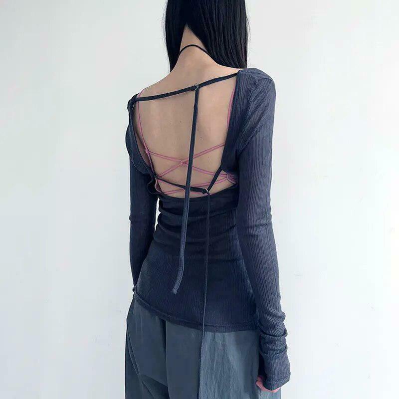 Trendy Knitted Mesh Backless Top for Y2K Fashion Enthusiasts - Korean & Asian Styles