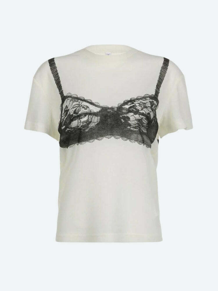 Trendy Lace Bra Tee for Y2K Style - Stylish Y2K Clothing for a Modern Look