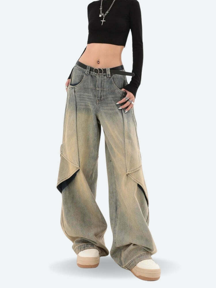 Trendy Layered Denim Jeans for Y2K Style: Baggy Emo & Cyber Fashion Pants