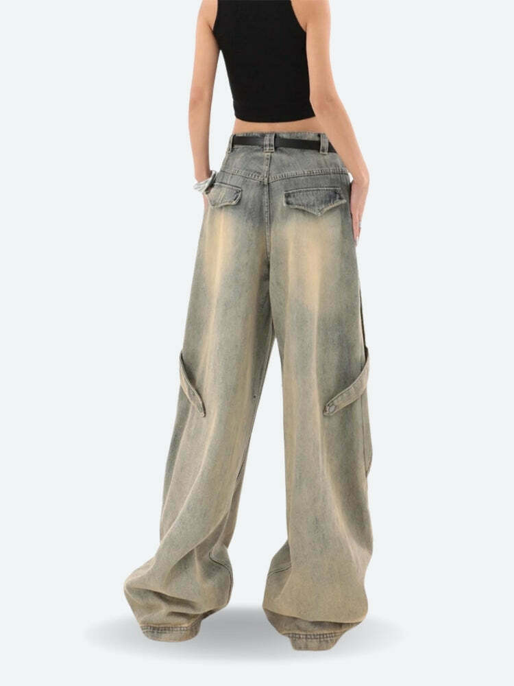 Trendy Layered Denim Jeans for Y2K Style: Baggy Emo & Cyber Fashion Pants