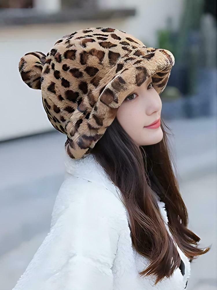 Trendy Leopard Ear Plush Hat for Y2K Fashion Lovers - Stylish Leopard Print Accessory