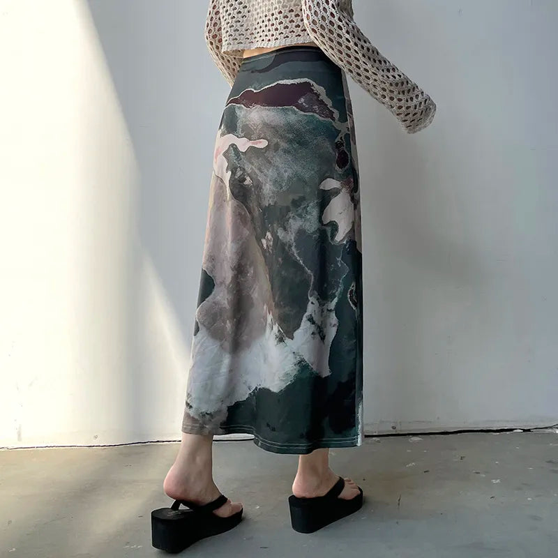 Trendy Low Rise Graphic Printed Midi Skirt - Embrace Korean Y2K Fashion Style