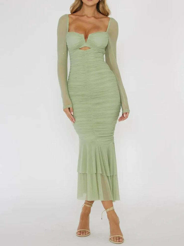 Trendy Mesh Ruched Bodycon Midi Dress - Embrace Y2K Fashion with Asian-Inspired Style