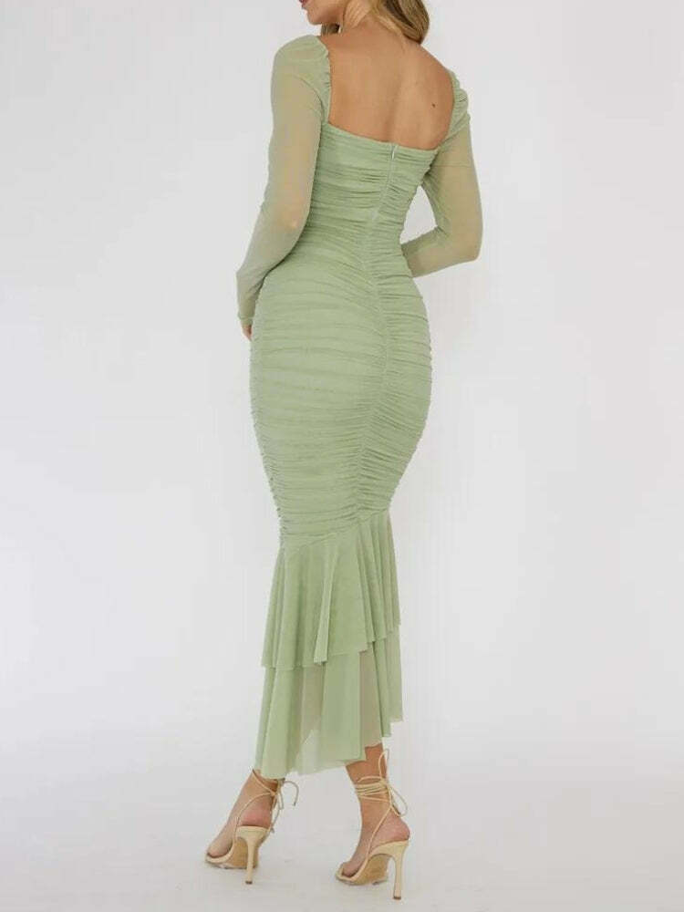 Trendy Mesh Ruched Bodycon Midi Dress - Embrace Y2K Fashion with Asian-Inspired Style