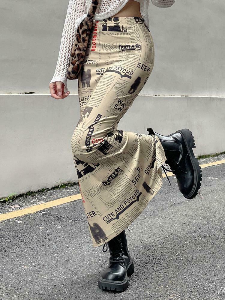 Trendy Newspaper Printed Maxi Skirt for Y2K Style Outfits - Hip Hop & Grunge Fashion