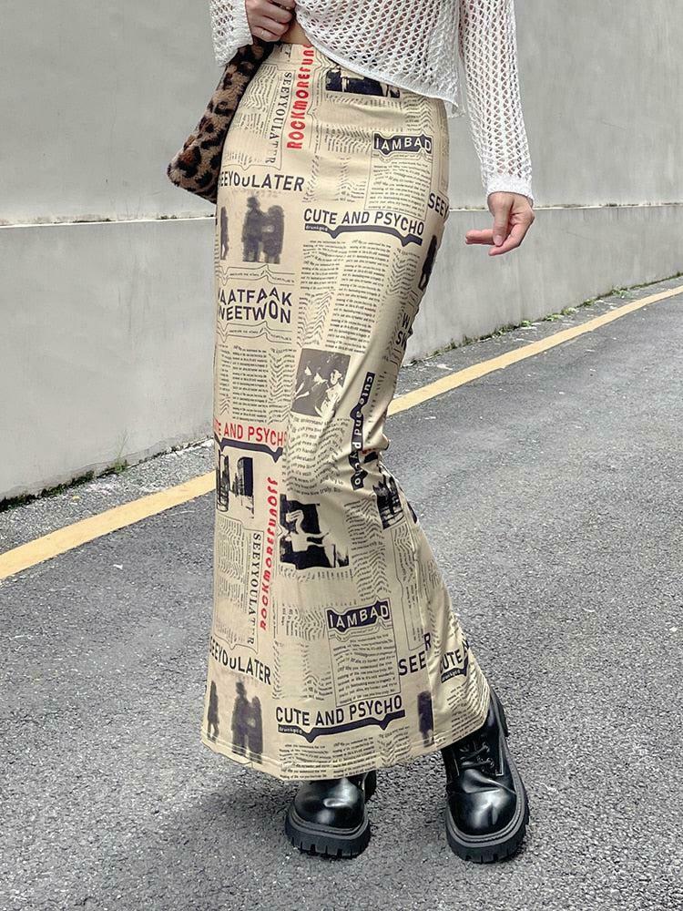 Trendy Newspaper Printed Maxi Skirt for Y2K Style Outfits - Hip Hop & Grunge Fashion