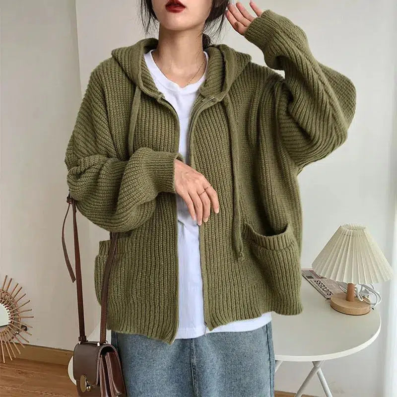 Trendy Oversized Knitted Hooded Cardigan for Y2K Style, Casual Grunge & Frat Outfits