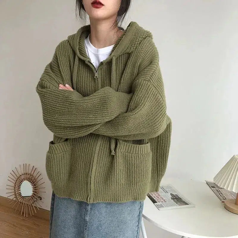 Trendy Oversized Knitted Hooded Cardigan for Y2K Style, Casual Grunge & Frat Outfits