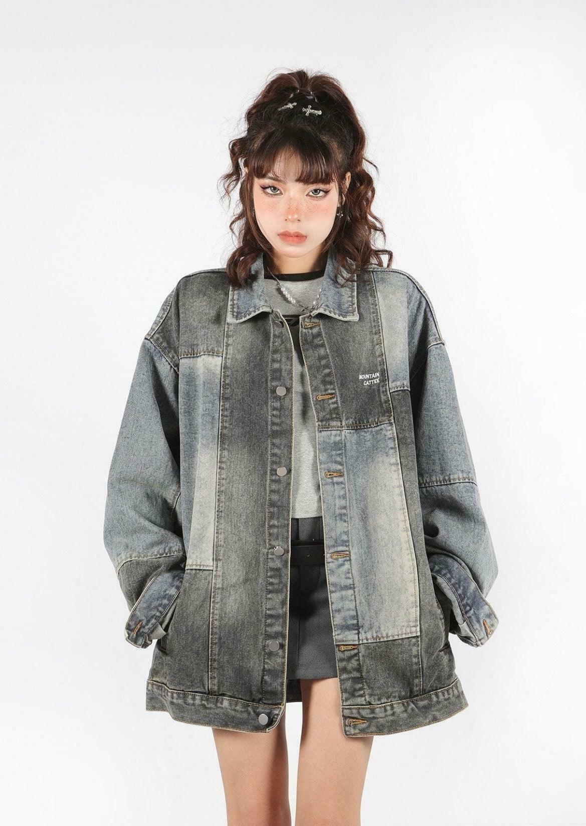 Trendy Patchwork Oversized Denim Jacket - Korean Y2K Fashion with Leather Accents