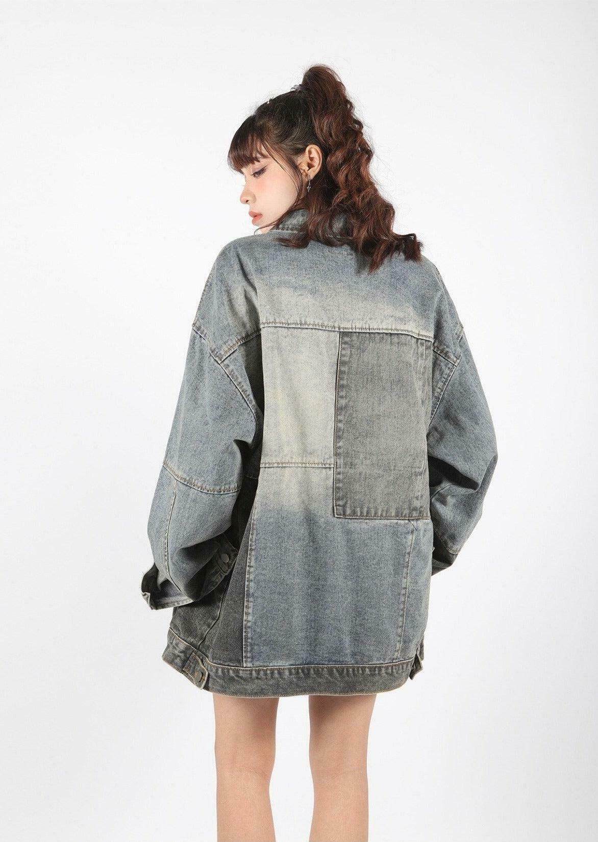 Trendy Patchwork Oversized Denim Jacket - Korean Y2K Fashion with Leather Accents