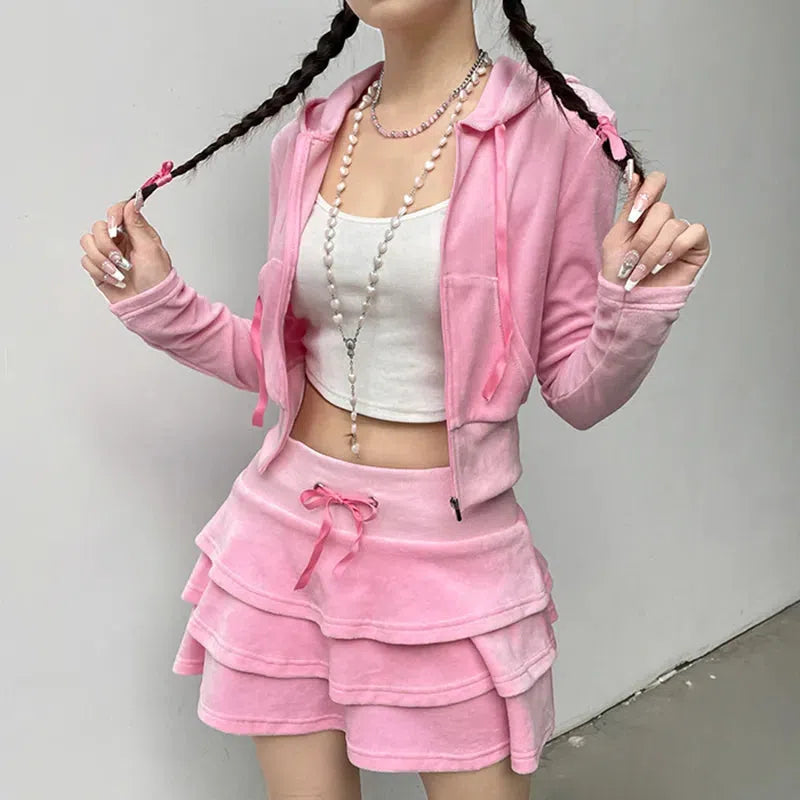 Trendy Pink Aesthetic Two-Piece Set: Hoodie & Skirt for Y2K Style Enthusiasts