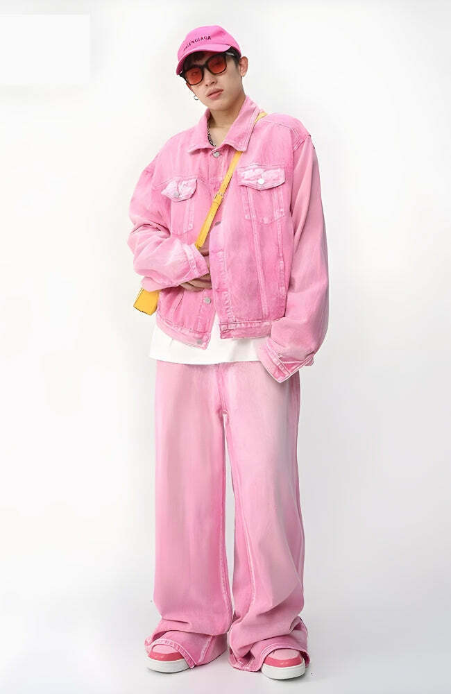 Trendy Pink Denim Jacket & Pants Two-Piece Set for Y2K Style Fashion Enthusiasts