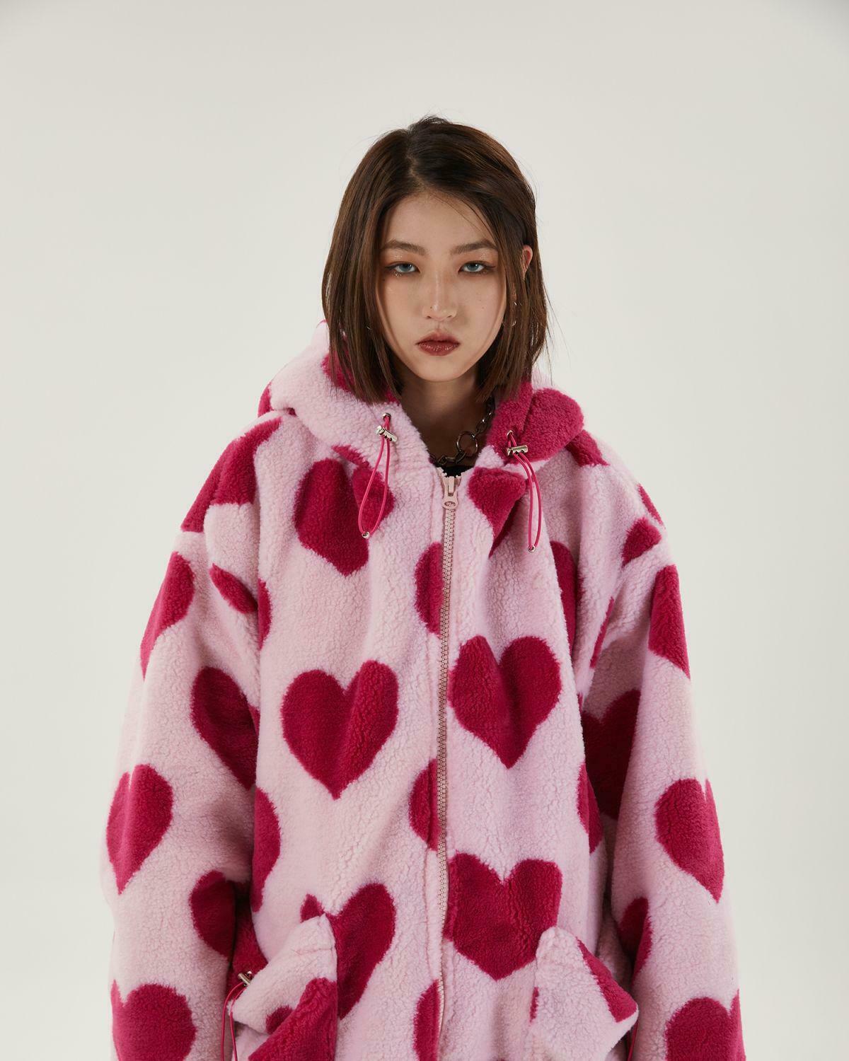 Trendy Pink Heart Pattern Hooded Jacket for Y2K Fashion Lovers - Korean & Asian Style