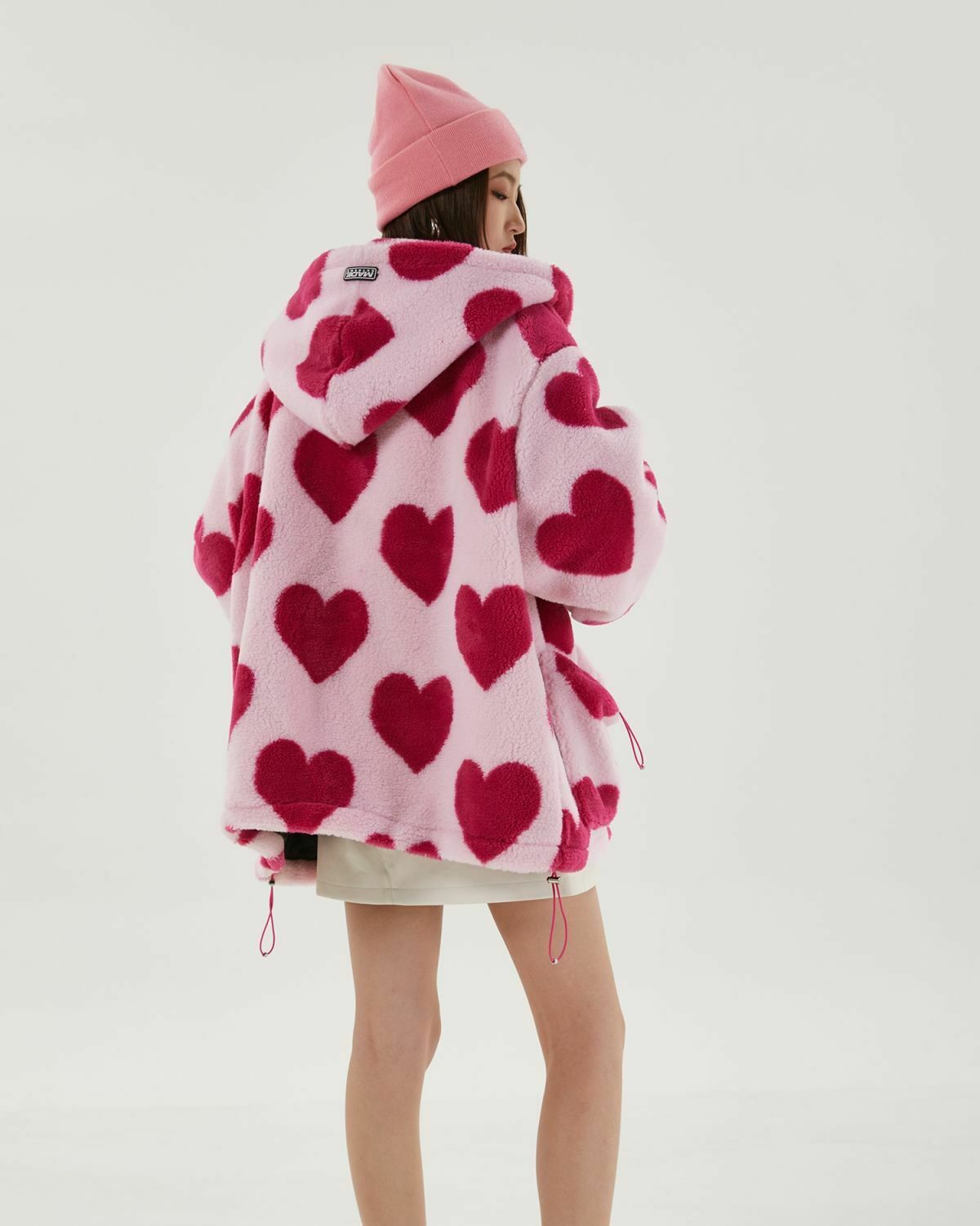 Trendy Pink Heart Pattern Hooded Jacket for Y2K Fashion Lovers - Korean & Asian Style