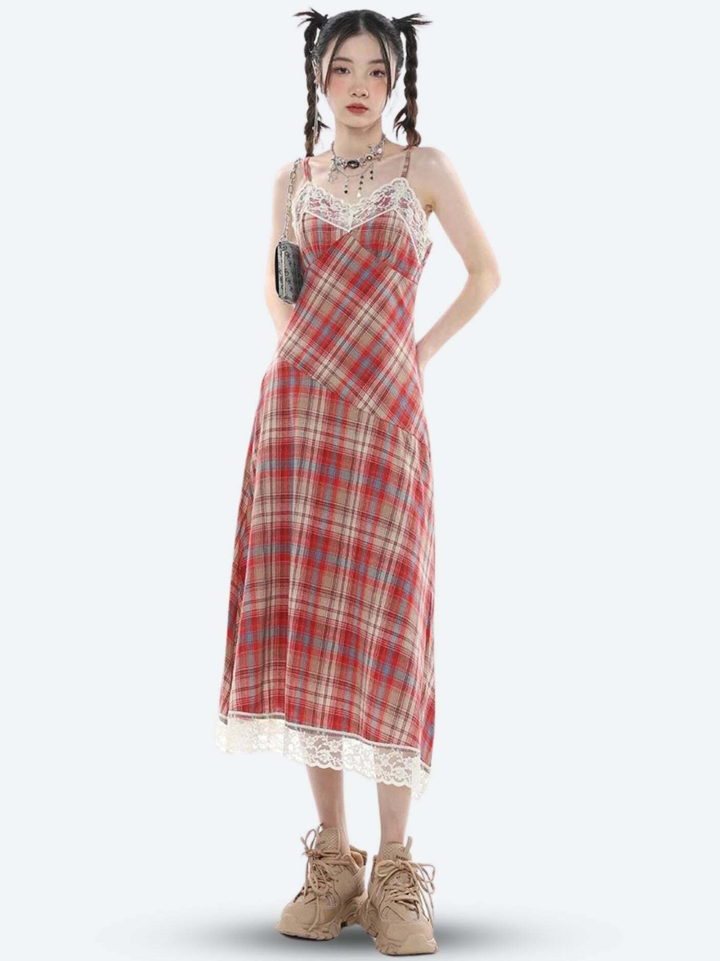 Trendy Pink Plaid Midi Dress - Y2K Style Fashion for a Chic Grunge Look