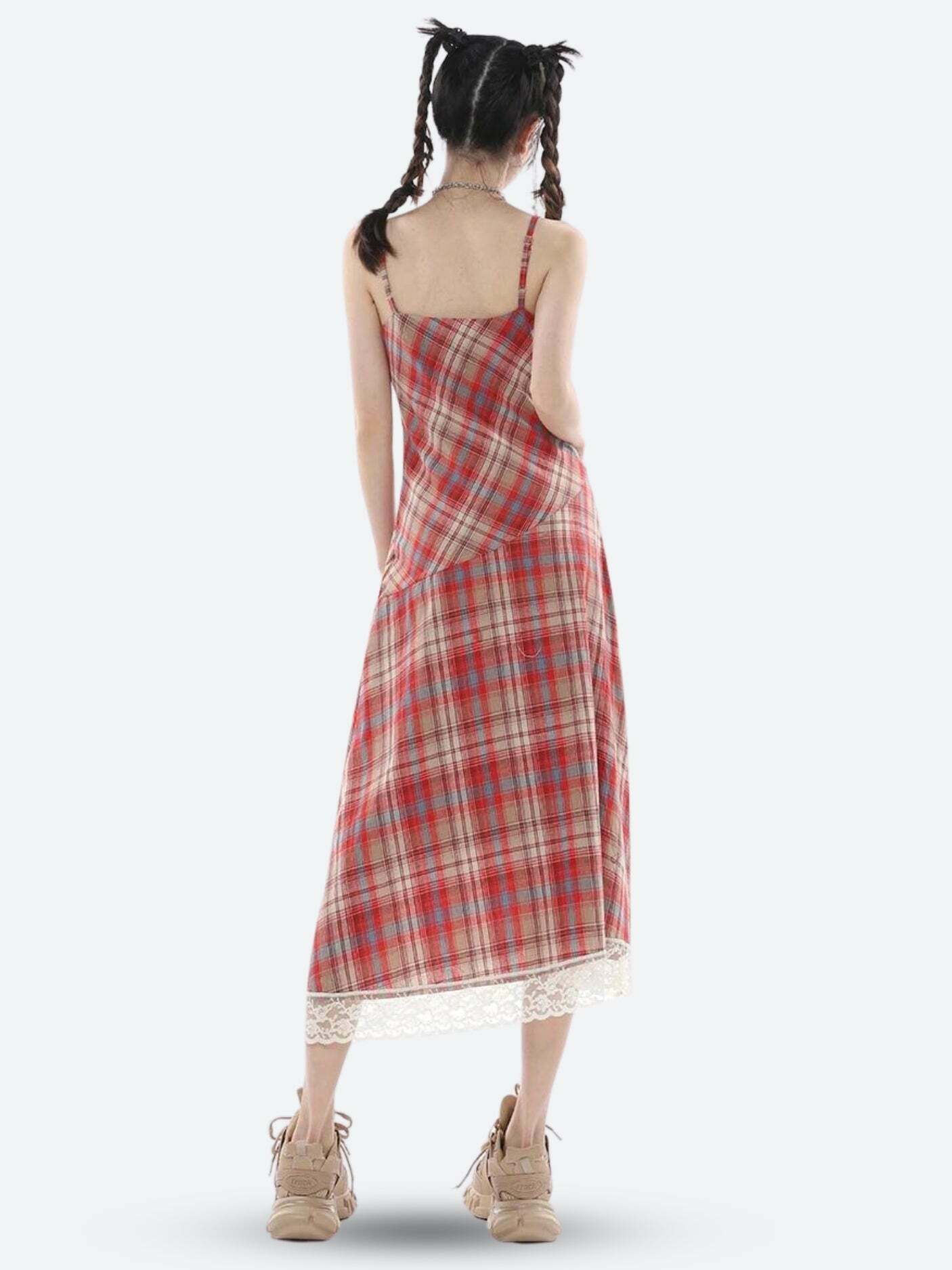 Trendy Pink Plaid Midi Dress - Y2K Style Fashion for a Chic Grunge Look