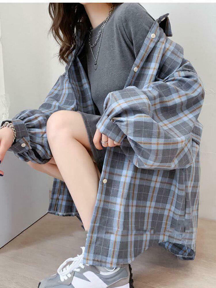 Trendy Puff Sleeve Plaid Shirt - Embrace Y2K Fashion with Korean & Asian Style Vibes