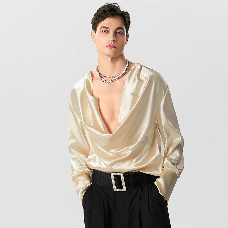 Trendy Satin Cowl Neck Shirt for Men - Y2K Style Clothing & Modern 2000s Fashion