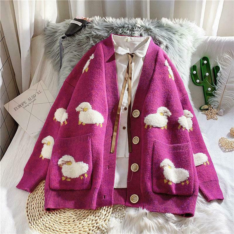 Trendy Sheep Embroidery Knitted Cardigan - Y2K Fashion Essential for Stylish Outfits