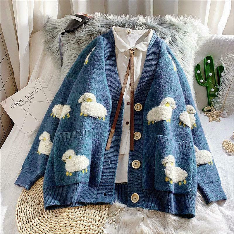 Trendy Sheep Embroidery Knitted Cardigan - Y2K Fashion Essential for Stylish Outfits