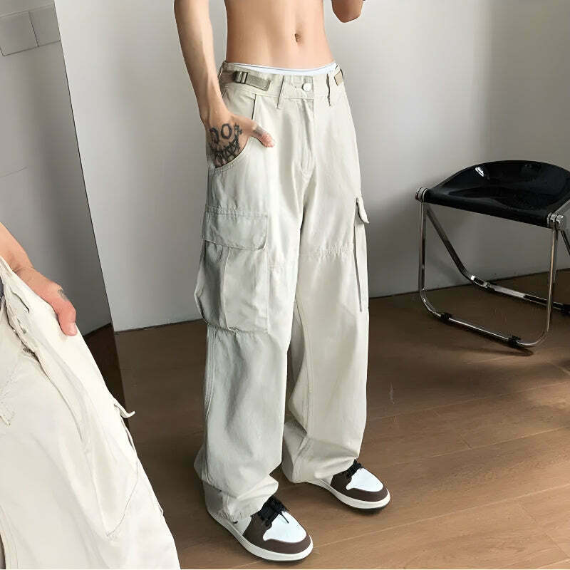 Trendy Side Belt Baggy Cargo Pants for Men - Multi Pocket Vintage Y2K Style in Orange