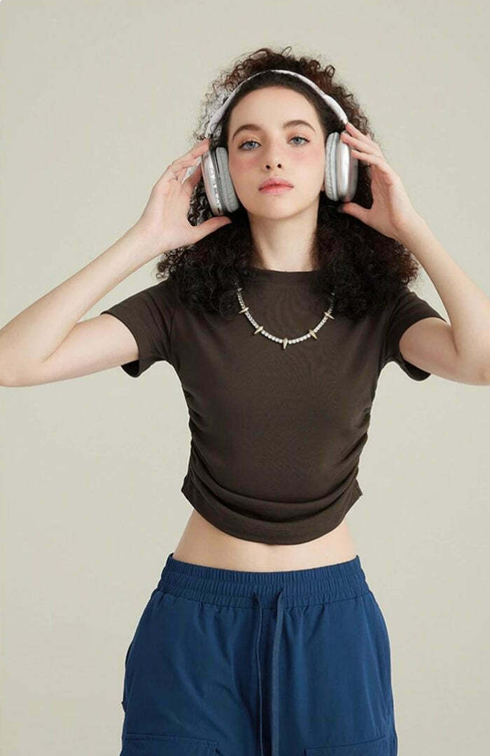 Trendy Side Ruched Crop Top for Y2K Style Outfits - Perfect for Grunge and Casual Looks