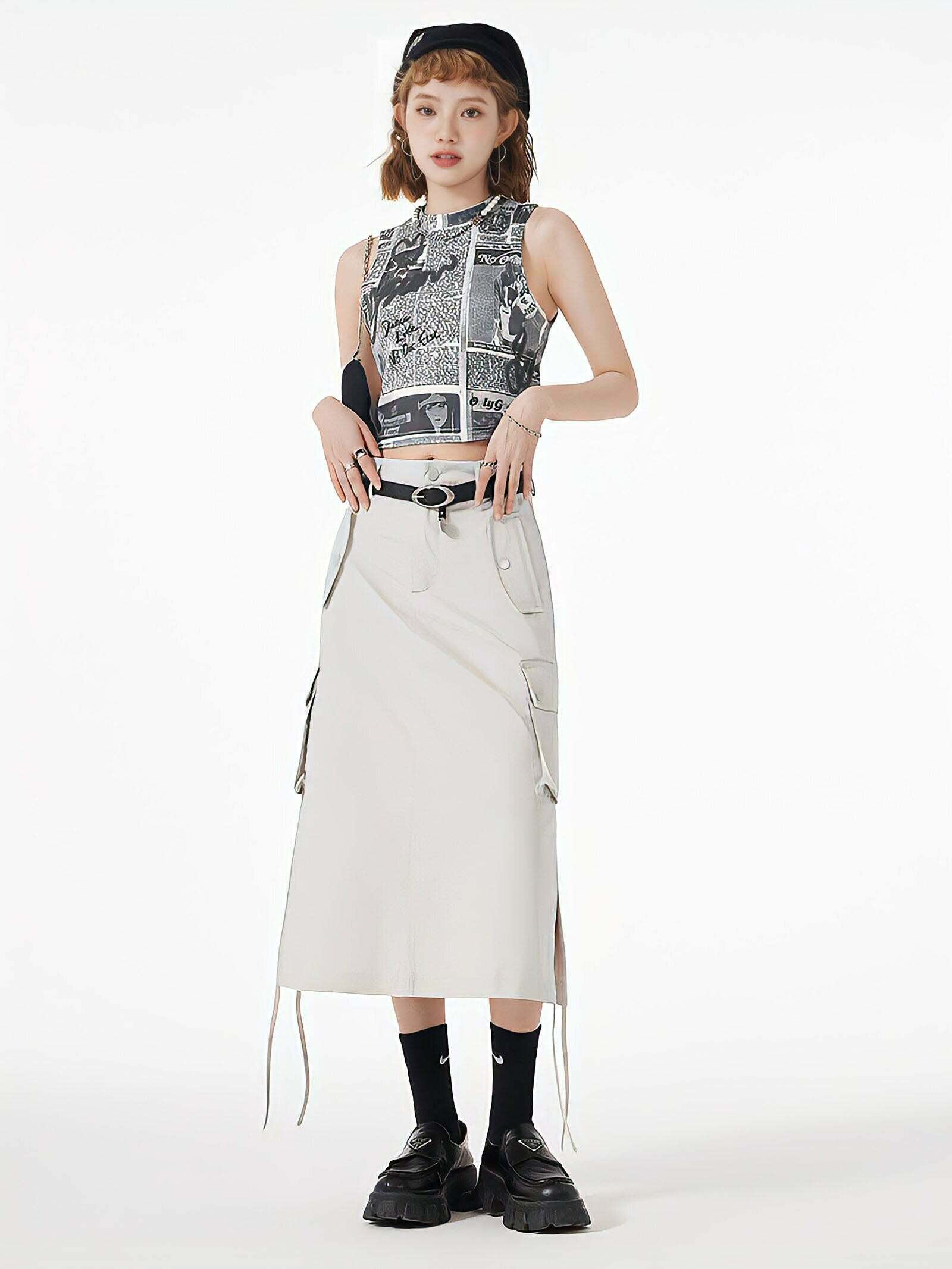 Trendy Slit & String Detailed Cargo Midi Skirt for Y2K Style and Soft Grunge Outfits