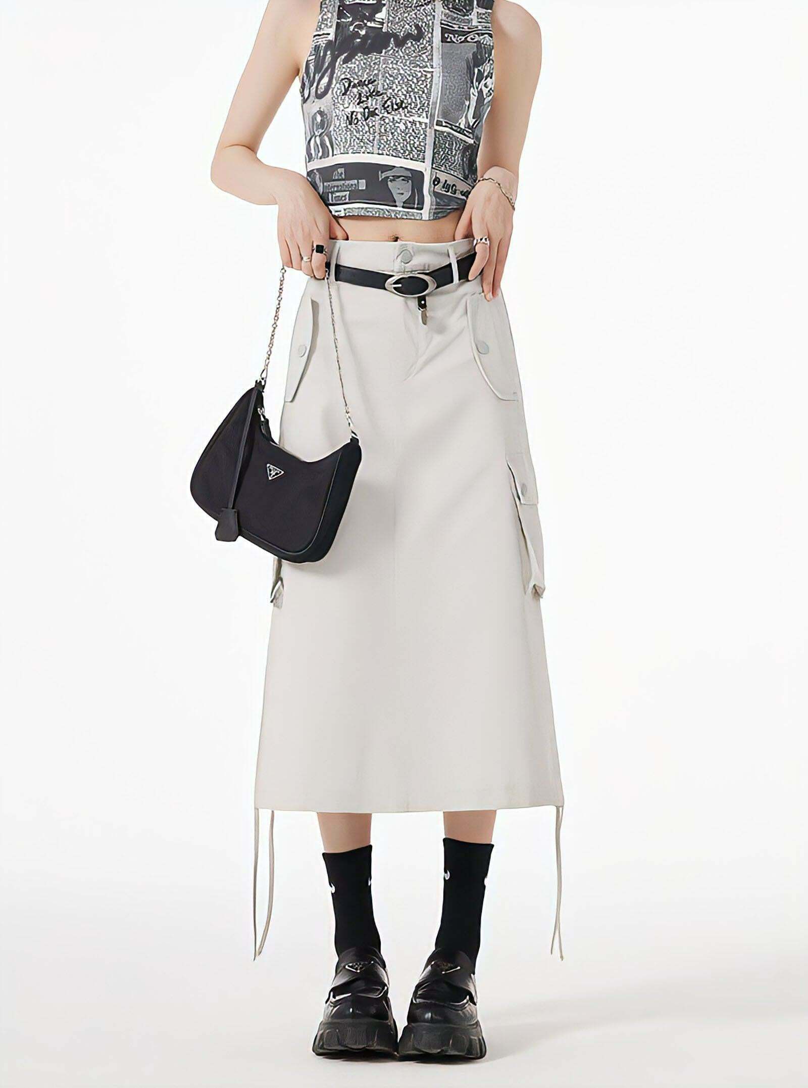 Trendy Slit & String Detailed Cargo Midi Skirt for Y2K Style and Soft Grunge Outfits