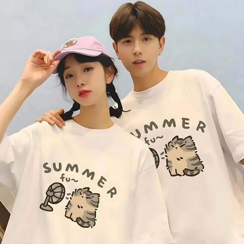 Trendy Summer Cat Tee - Embrace Korean Y2K Fashion with Stylish Cat Graphics