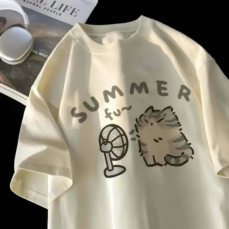 Trendy Summer Cat Tee - Embrace Korean Y2K Fashion with Stylish Cat Graphics