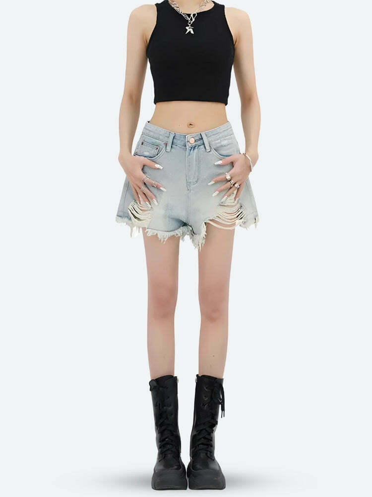 Trendy Wide Leg Ripped Denim Shorts for Y2K Fashion Lovers - Baggy Grunge Style