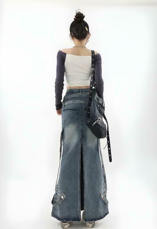 Trendy Y2K Denim Maxi Skirt - Stylish Grunge Fashion Statement Piece