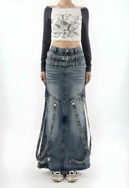 Trendy Y2K Denim Maxi Skirt for Men - Stylish Grunge Fashion Statement Piece