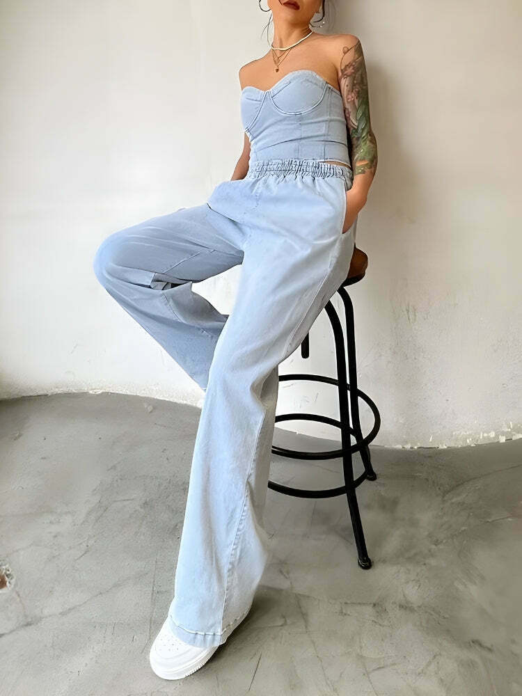 Trendy Y2K Denim Top & Pants Two Piece Set for Stylish Grunge and Retro Looks