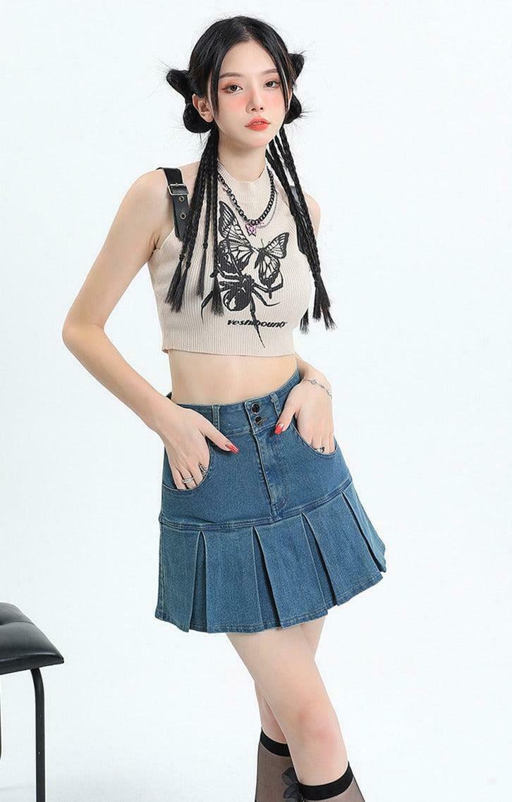 Trendy Y2K Pleated Jean Mini Skort for Stylish Korean and Asian Fashion Enthusiasts