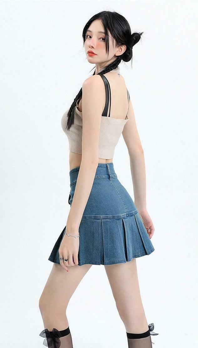 Trendy Y2K Pleated Jean Mini Skort for Stylish Korean and Asian Fashion Enthusiasts