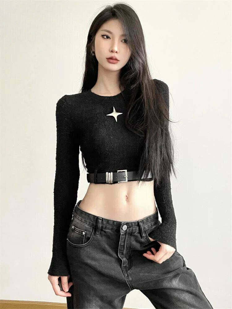 Trendy Y2K Star Belted Crop Top in White - Embrace Korean and Asian Y2K Fashion