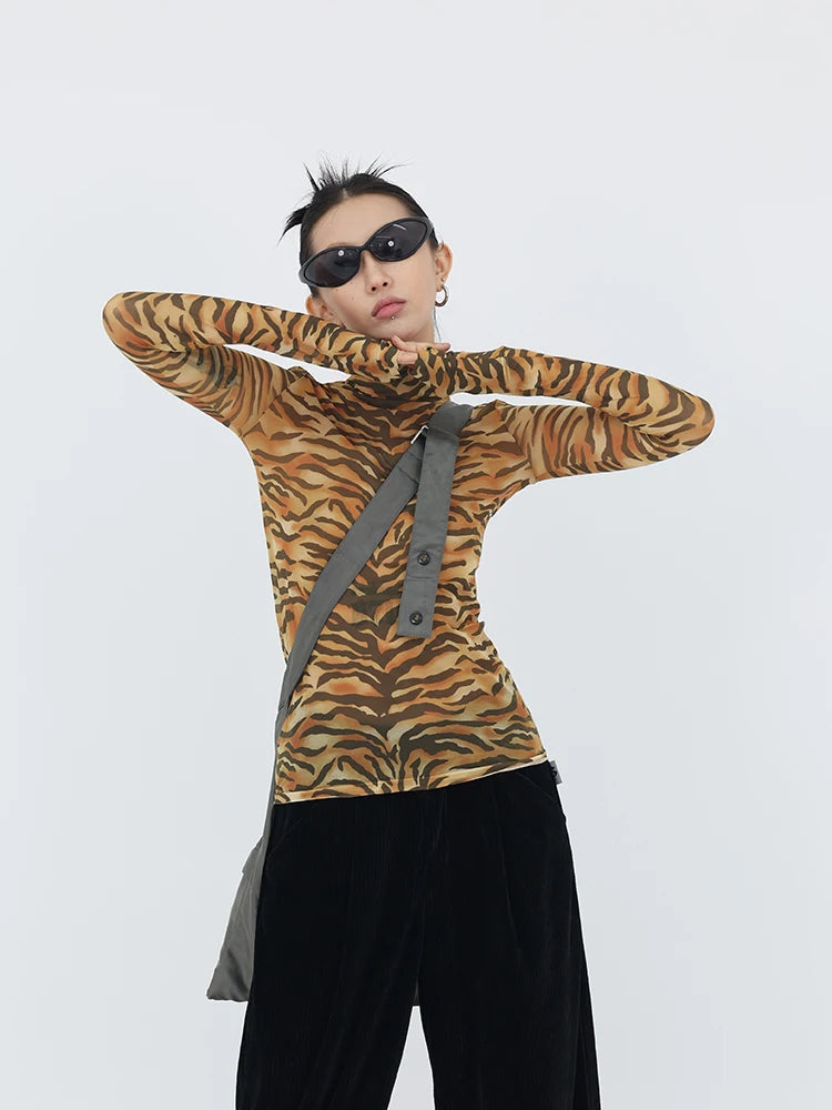 Trendy Y2K Tiger Mesh Top - Korean & Asian Fashion Statement for Bold Style Lovers