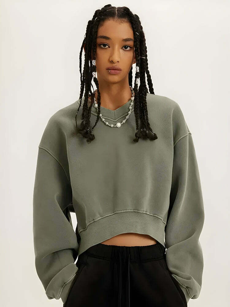 V-Neck Drop Shoulder Cropped Sweatshirt - Trendy Y2K Fashion for a Stylish Look