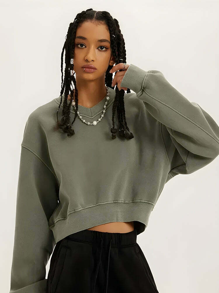 V-Neck Drop Shoulder Cropped Sweatshirt - Trendy Y2K Fashion for a Stylish Look