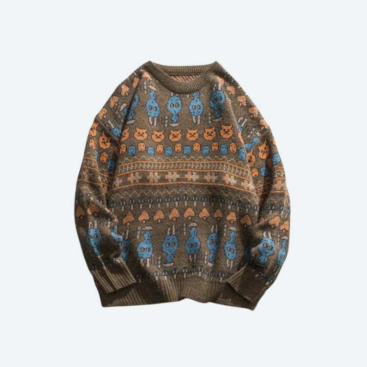 Vintage Animal Figures Knitted Sweater - Y2K Style Clothing for a Grunge Aesthetic