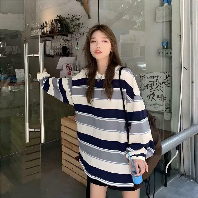 Vintage Casual Striped Sweatshirt - Y2K Style Graphic Top for Trendy Outfits and Parties