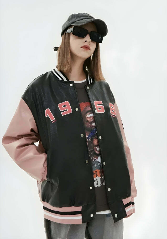 Vintage Grunge 1968 Varsity Jacket - Red and Cream Faux Leather Y2K Fashion Embroidery