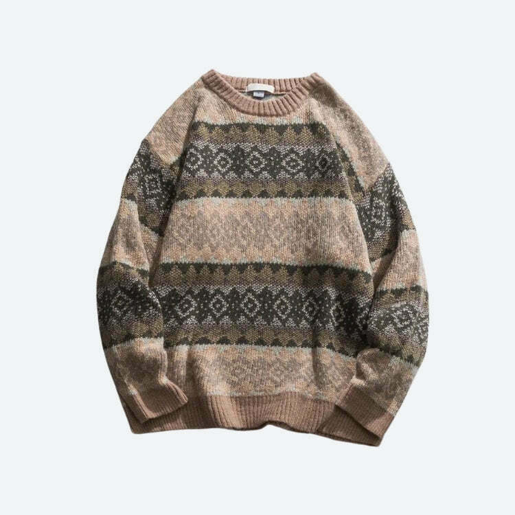 Vintage Jacquard Knitted Sweater for Y2K Style Enthusiasts - Trendy Jacquard Design