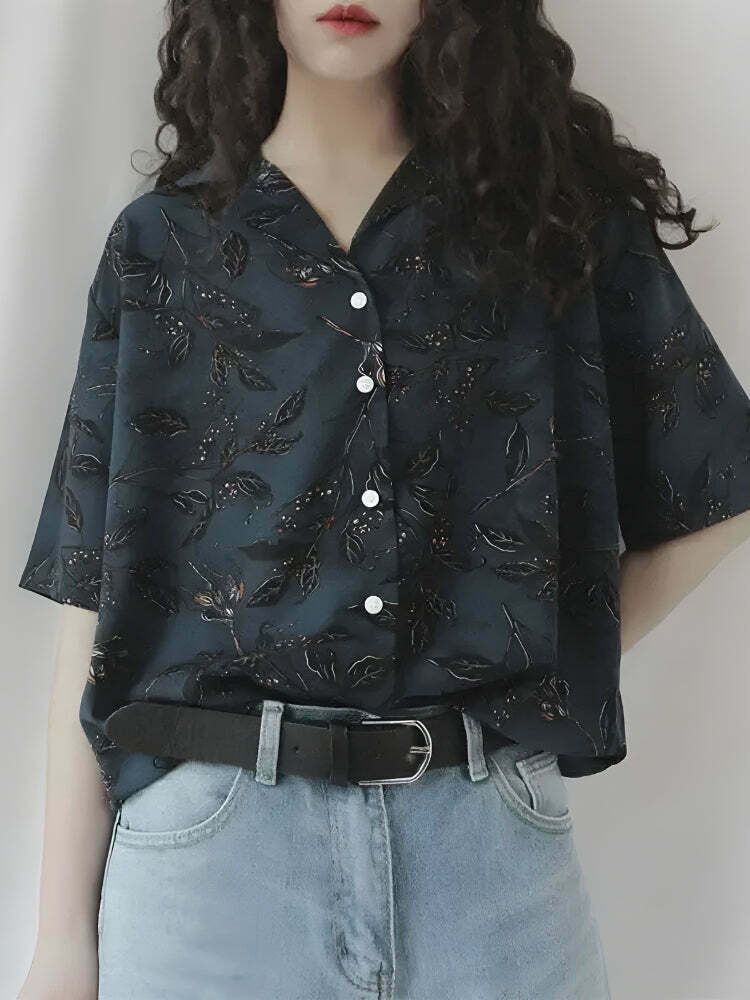 Vintage Leaf Designed Shirt - Trendy Y2K Fashion Inspired by Korean and Asian Styles