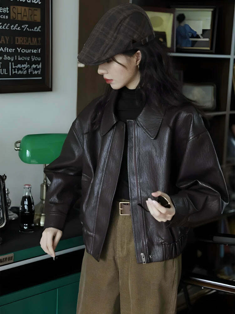 Vintage Oversized Brown Faux Leather Jacket - Y2K Style for Trendy Outfits