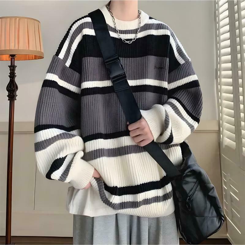 Vintage Striped Knitted Sweater in Brown and Cream - Y2K Grunge Style Fashion for Men