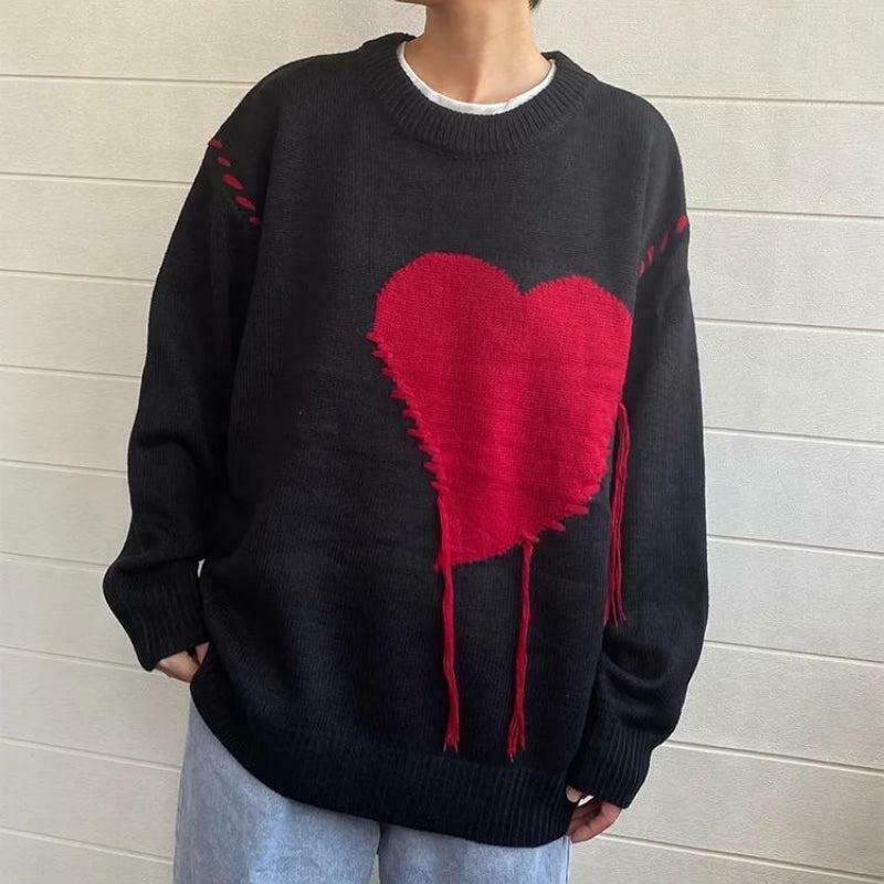 Weirdcore Heart Embroidered Sweater - Y2K Style Red and White Heart Sweater for Men